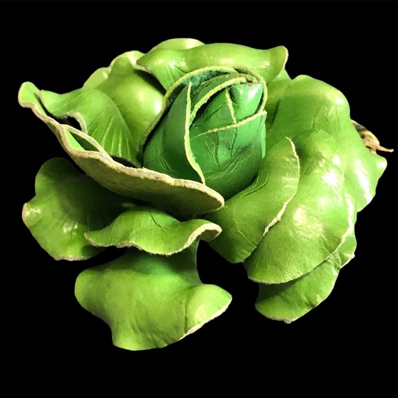 Vintage Jewelry - Vintage Artisan Leather Green Rose Brooch Large